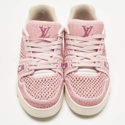 Pre Owned Louis Vuitton Pink Knit Fabric and Raffia LV Trainer Lace Up Sneakers Size 40
