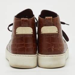 Pre Owned Louis Vuitton Brown Croc Embossed Leather Front Row High Top Sneakers Size 41
