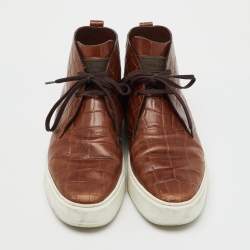 Pre Owned Louis Vuitton Brown Croc Embossed Leather Front Row High Top Sneakers Size 41
