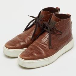 Pre Owned Louis Vuitton Brown Croc Embossed Leather Front Row High Top Sneakers Size 41