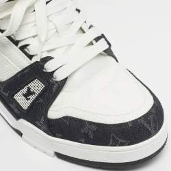Pre Owned Louis Vuitton White/Black Denim and Leather LV Trainer Maxi Lace Up Sneakers Size 42.5