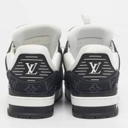 Pre Owned Louis Vuitton White/Black Denim and Leather LV Trainer Maxi Lace Up Sneakers Size 42.5