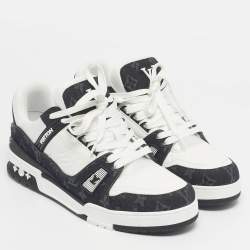 Pre Owned Louis Vuitton White/Black Denim and Leather LV Trainer Maxi Lace Up Sneakers Size 42.5