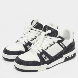 Pre Owned Louis Vuitton White/Black Denim and Leather LV Trainer Maxi Lace Up Sneakers Size 42.5