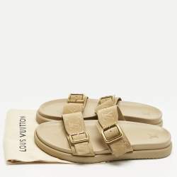 Pre Owned Louis Vuitton Beige Monogram Suede Bom Dia Flat Slide Sandals Size 45
