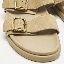 Pre Owned Louis Vuitton Beige Monogram Suede Bom Dia Flat Slide Sandals Size 45