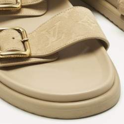 Pre Owned Louis Vuitton Beige Monogram Suede Bom Dia Flat Slide Sandals Size 45