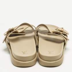 Pre Owned Louis Vuitton Beige Monogram Suede Bom Dia Flat Slide Sandals Size 45
