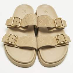 Pre Owned Louis Vuitton Beige Monogram Suede Bom Dia Flat Slide Sandals Size 45