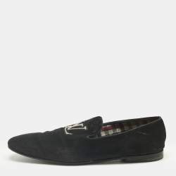 Pre Owned Louis Vuitton Black Suede  LV Logo Embroidered Smoking Slippers Size 46