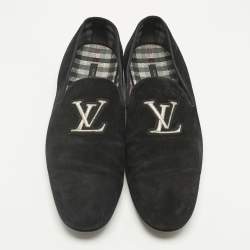 Pre Owned Louis Vuitton Black Suede  LV Logo Embroidered Smoking Slippers Size 46