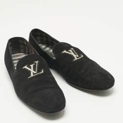 Pre Owned Louis Vuitton Black Suede  LV Logo Embroidered Smoking Slippers Size 46