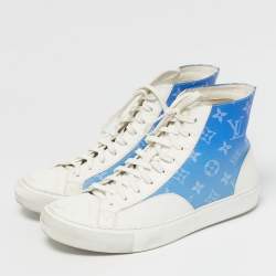 Pre Owned Louis Vuitton Blue/White Monogram Canvas and Leather Tattoo Sneakers Size 41