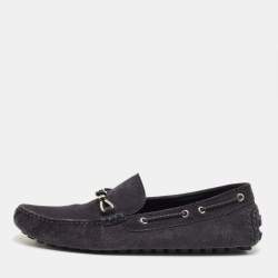 Pre Owned Louis Vuitton Navy Blue Suede Bow Slip On Loafers Size 42