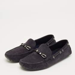 Pre Owned Louis Vuitton Navy Blue Suede Bow Slip On Loafers Size 42