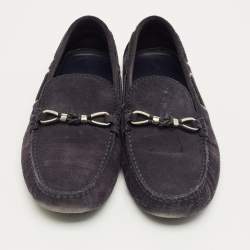 Pre Owned Louis Vuitton Navy Blue Suede Bow Slip On Loafers Size 42