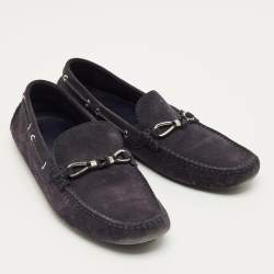Pre Owned Louis Vuitton Navy Blue Suede Bow Slip On Loafers Size 42