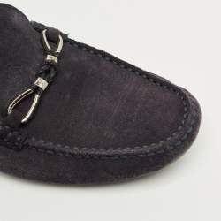 Pre Owned Louis Vuitton Navy Blue Suede Bow Slip On Loafers Size 42