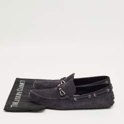 Pre Owned Louis Vuitton Navy Blue Suede Bow Slip On Loafers Size 42