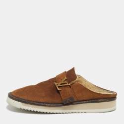 Pre Owned Louis Vuitton Brown Suede Shearling Fur Easy Mules Size 42