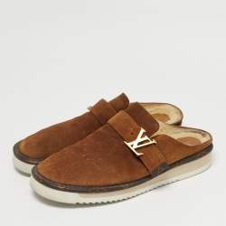 Pre Owned Louis Vuitton Brown Suede Shearling Fur Easy Mules Size 42
