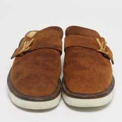 Pre Owned Louis Vuitton Brown Suede Shearling Fur Easy Mules Size 42