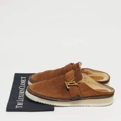 Pre Owned Louis Vuitton Brown Suede Shearling Fur Easy Mules Size 42