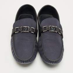 Pre Owned Louis Vuitton Navy Blue Fabric and Leather Hockenheim Loafers Size 44