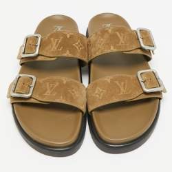 Pre Owned Louis Vuitton Bom Dia Size 45 Green Suede Slide Sandals