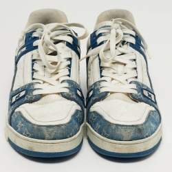 مملوكة مسبقًا حذاء رياضي لويس فيتون صاحب شعار LV جلد وجينز أبيض بأربطة مقاس 46