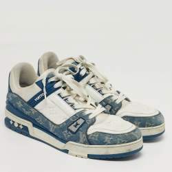 مملوكة مسبقًا حذاء رياضي لويس فيتون صاحب شعار LV جلد وجينز أبيض بأربطة مقاس 46