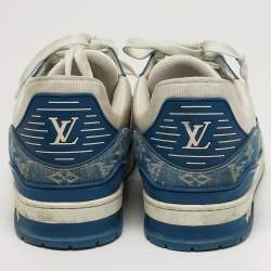 مملوكة مسبقًا حذاء رياضي لويس فيتون صاحب شعار LV جلد وجينز أبيض بأربطة مقاس 46