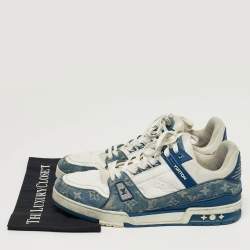 مملوكة مسبقًا حذاء رياضي لويس فيتون صاحب شعار LV جلد وجينز أبيض بأربطة مقاس 46