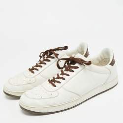 Pre Owned Louis Vuitton White/Brown Leather and Monogram Canvas Low Top Sneakers
