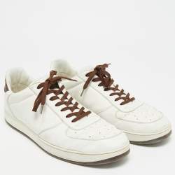 Pre Owned Louis Vuitton White/Brown Leather and Monogram Canvas Low Top Sneakers