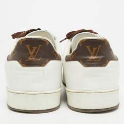 Pre Owned Louis Vuitton White/Brown Leather and Monogram Canvas Low Top Sneakers