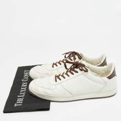 Pre Owned Louis Vuitton White/Brown Leather and Monogram Canvas Low Top Sneakers