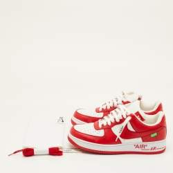 Pre Owned Louis Vuitton x Nike Air Force 1 Virgil Abloh Size 43.5 Red/White Monogram Canvas and Leather Sneakers