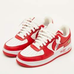 Pre Owned Louis Vuitton x Nike Air Force 1 Virgil Abloh Size 43.5 Red/White Monogram Canvas and Leather Sneakers