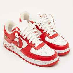 Pre Owned Louis Vuitton x Nike Air Force 1 Virgil Abloh Size 43.5 Red/White Monogram Canvas and Leather Sneakers