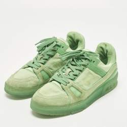 Pre Owned Louis Vuitton LV Trainer Size 40 Green Monogram Canvas and Suede Lace Up Sneakers