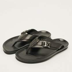 Pre Owned Louis Vuitton Size 39 Black Leather Thong Flats Slide