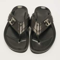 Pre Owned Louis Vuitton Size 39 Black Leather Thong Flats Slide