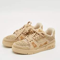 Pre Owned Louis Vuitton LV Trainer Size 40 Tan Knit Fabric and Raffia Lace Up Sneakers