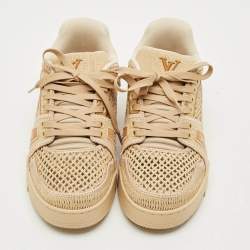 Pre Owned Louis Vuitton LV Trainer Size 40 Tan Knit Fabric and Raffia Lace Up Sneakers