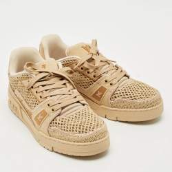 Pre Owned Louis Vuitton LV Trainer Size 40 Tan Knit Fabric and Raffia Lace Up Sneakers