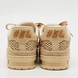 Pre Owned Louis Vuitton LV Trainer Size 40 Tan Knit Fabric and Raffia Lace Up Sneakers