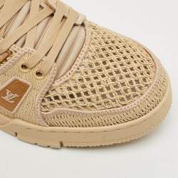 Pre Owned Louis Vuitton LV Trainer Size 40 Tan Knit Fabric and Raffia Lace Up Sneakers