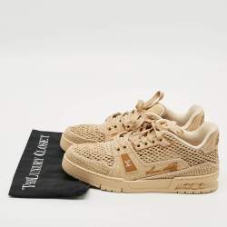 Pre Owned Louis Vuitton LV Trainer Size 40 Tan Knit Fabric and Raffia Lace Up Sneakers
