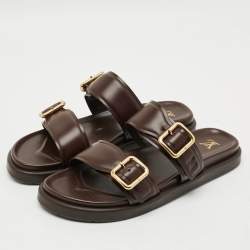 Pre Owned Louis Vuitton Venice Size 45 Dark Brown Leather Flat Slide